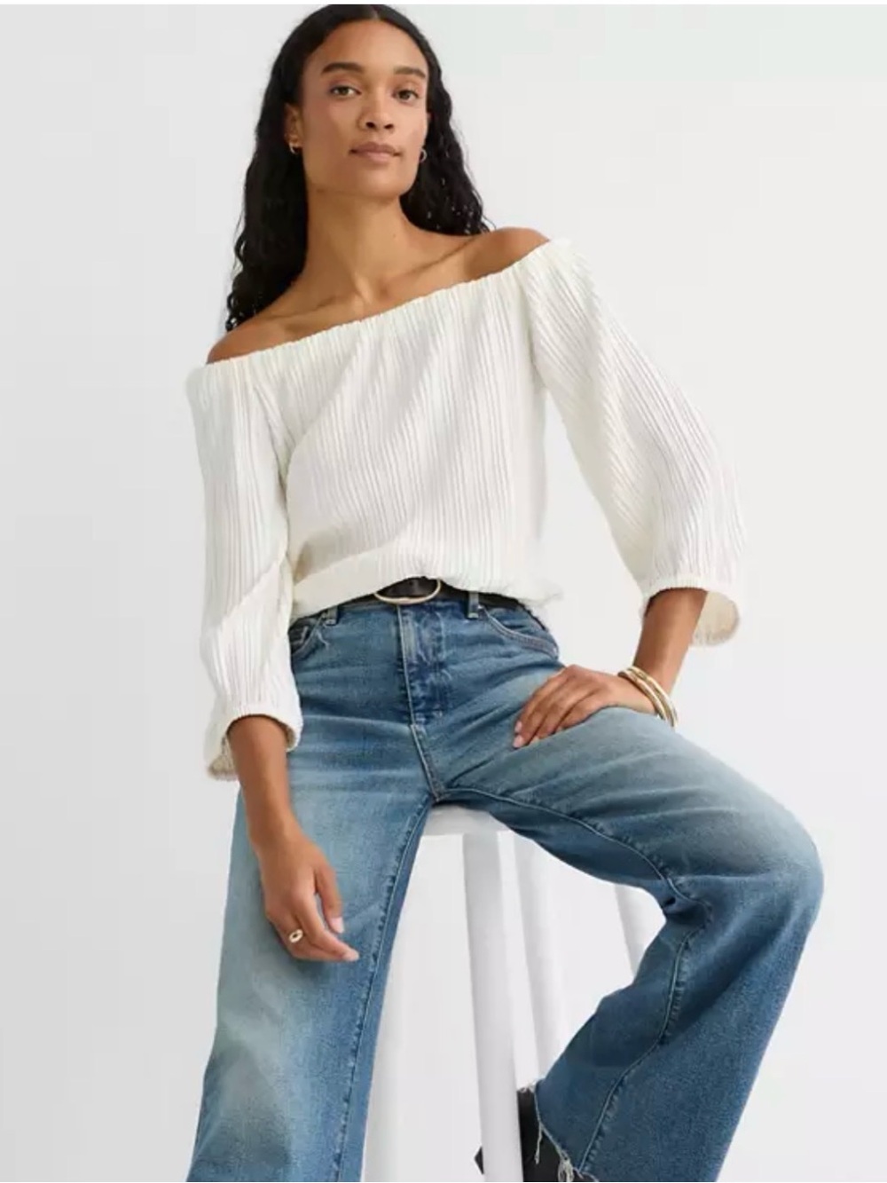 LOFT Off-Shoulder White Textured Blouse